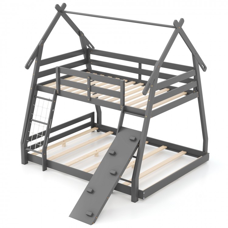 Twin over queen wooden bunk bed in gray with climbing net and ramp, designed for fun and safety in kids' rooms.