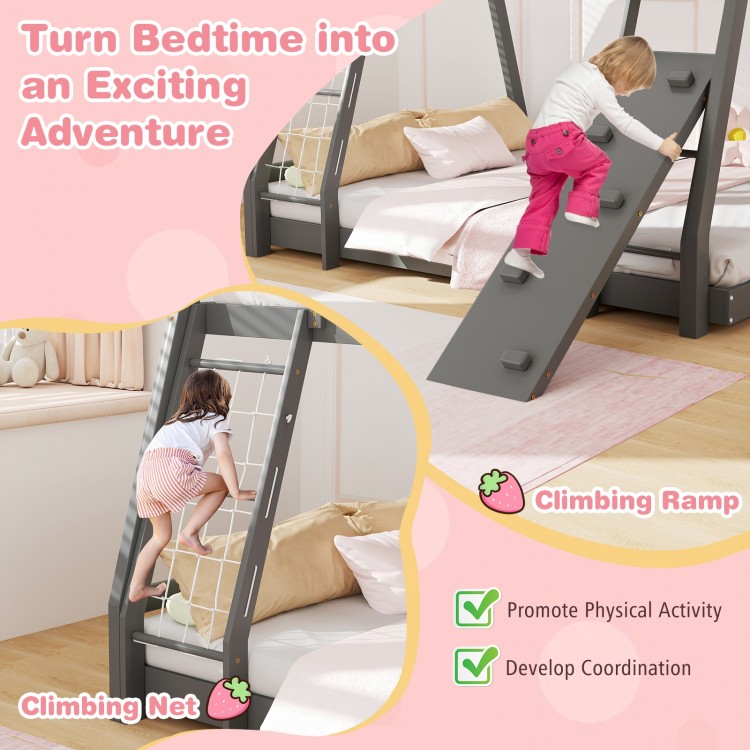 Twin over queen bunk bed in gray with climbing ramp and net, promoting physical activity and coordination for kids.