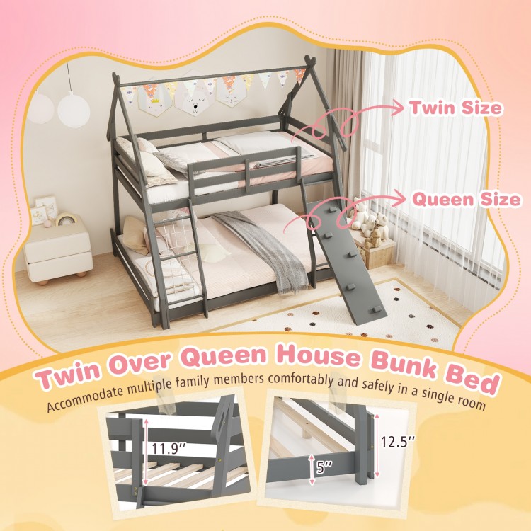 Twin over queen bunk bed in gray with climbing ramp and net, designed for safety and fun in kids' rooms.