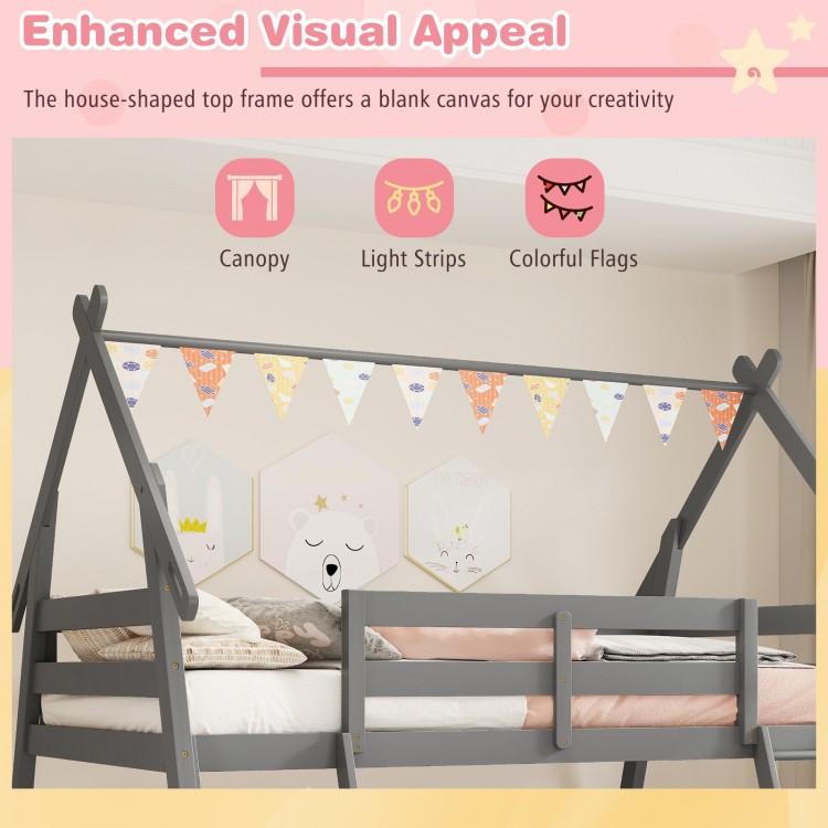 House-shaped twin over queen bunk bed in gray with colorful flags and climbing ramp for fun and safe sleeping.