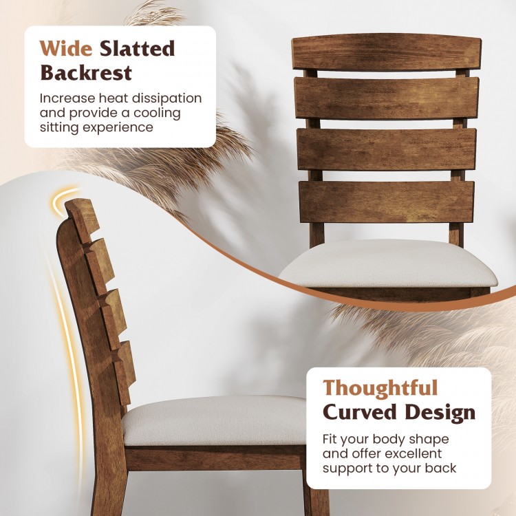 Dining chair with wide slatted backrest and curved design, featuring rubber wood legs for durability and comfort.