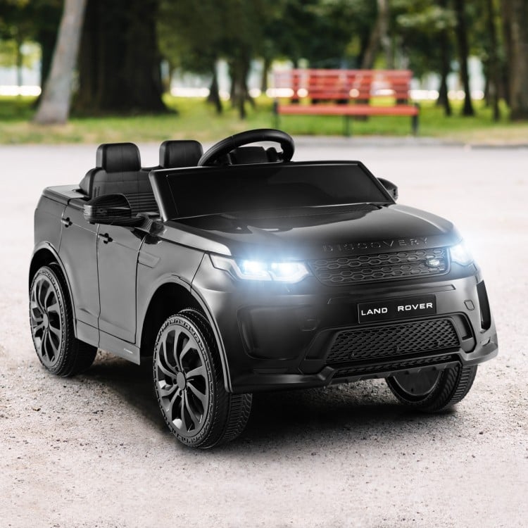 Black 12V kids ride-on car with remote control, realistic design, LED lights, and lockable doors for safe driving fun.