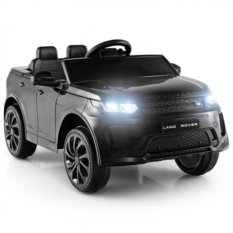 Black 12V kids ride-on car with remote control, LED lights, and realistic design for safe outdoor driving fun.