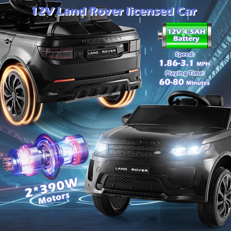 Black 12V Land Rover licensed kids ride-on car with remote control, LED lights, and soft start system for safe driving.