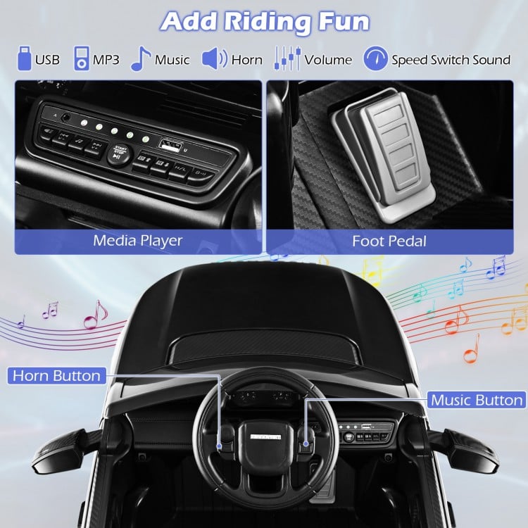 Media player and foot pedal controls of the 12V Kids Ride On Car with remote control for added driving fun.