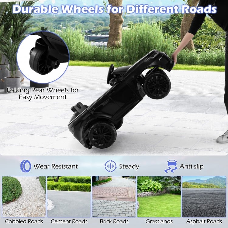 Durable black wheels of the 12V Kids Ride On Car, designed for various terrains like cement and grass, ensuring easy.