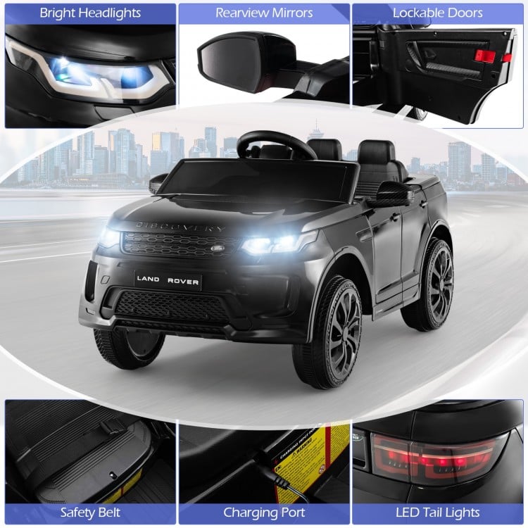 Black 12V kids ride-on car with realistic headlights, lockable doors, and remote control for safe driving fun.