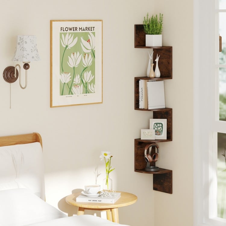 5-tier corner shelf in rustic brown, perfect for showcasing decor and maximizing storage in tight corners of small.