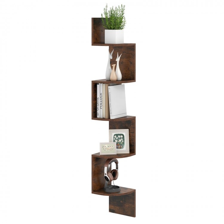 5-tier corner shelf in rustic brown, wall-mounted for space-saving storage of books and decor items.