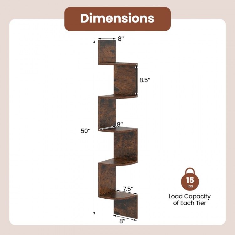 5-tier corner shelf in rustic brown, measuring 50 inches tall, designed for wall-mounted storage in small spaces.