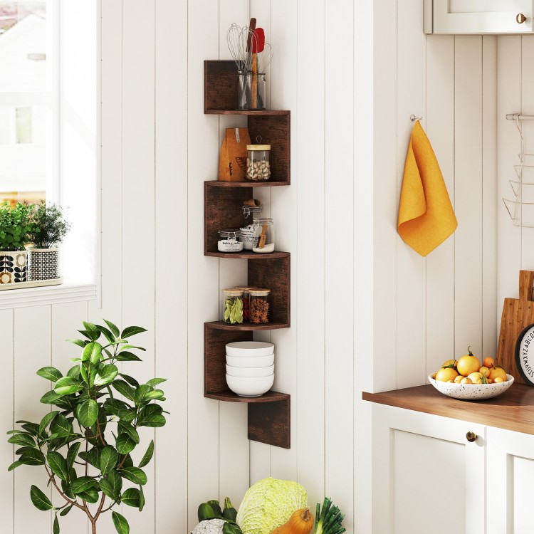 5-tier corner shelf in rustic brown, ideal for organizing potted plants and decor while fitting snugly in tight spaces.