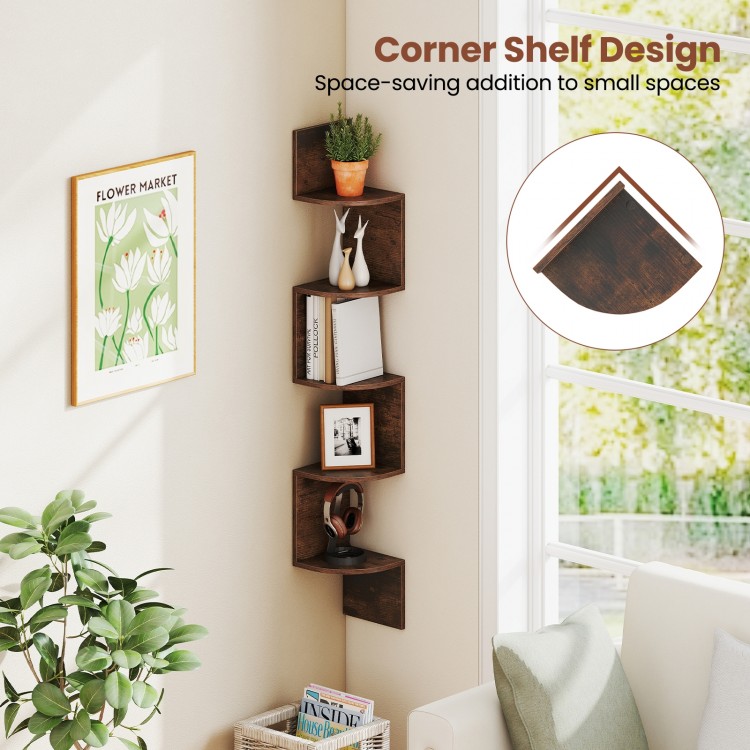 5-tier corner shelf in rustic brown, wall-mounted for space-saving storage of books and decor in small areas.