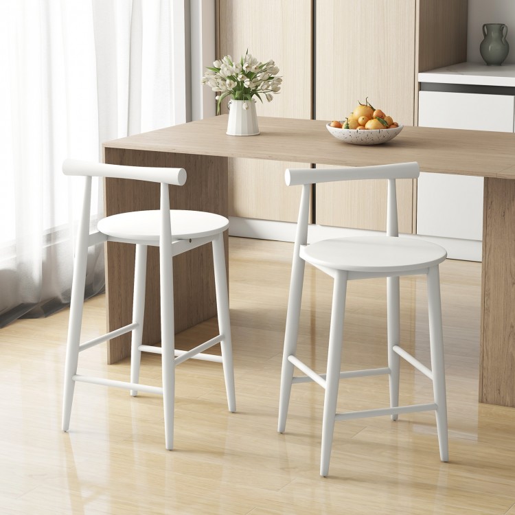 White counter height bar chair set with acacia wood frame, featuring a rounded seat and low backrest for comfort.