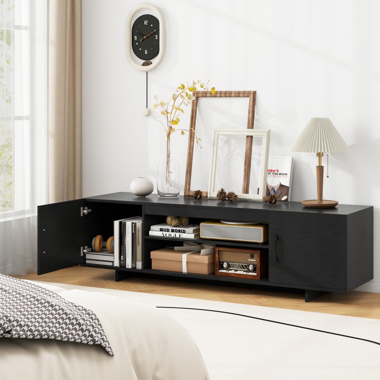Black TV stand with power outlet, featuring 2 side cabinets, open shelves, and cable management for organized media.
