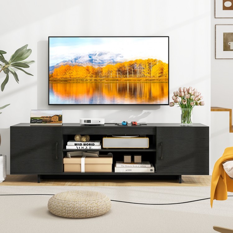 Black TV stand with power outlet, featuring 2 cable holes, open shelves, and side cabinets for organized media storage.