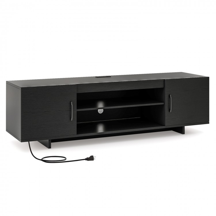 Black TV stand with power outlet, featuring 2 side cabinets, open shelves, and cable management for 65-inch TVs.