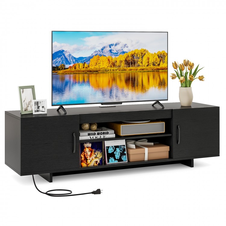 Black TV stand with power outlet, 60" tabletop, two cabinets, and open shelves for organized media storage.
