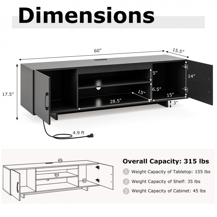 Dimensions of the black TV stand with power outlet, featuring a 60" tabletop, 2 shelves, and cable management holes.