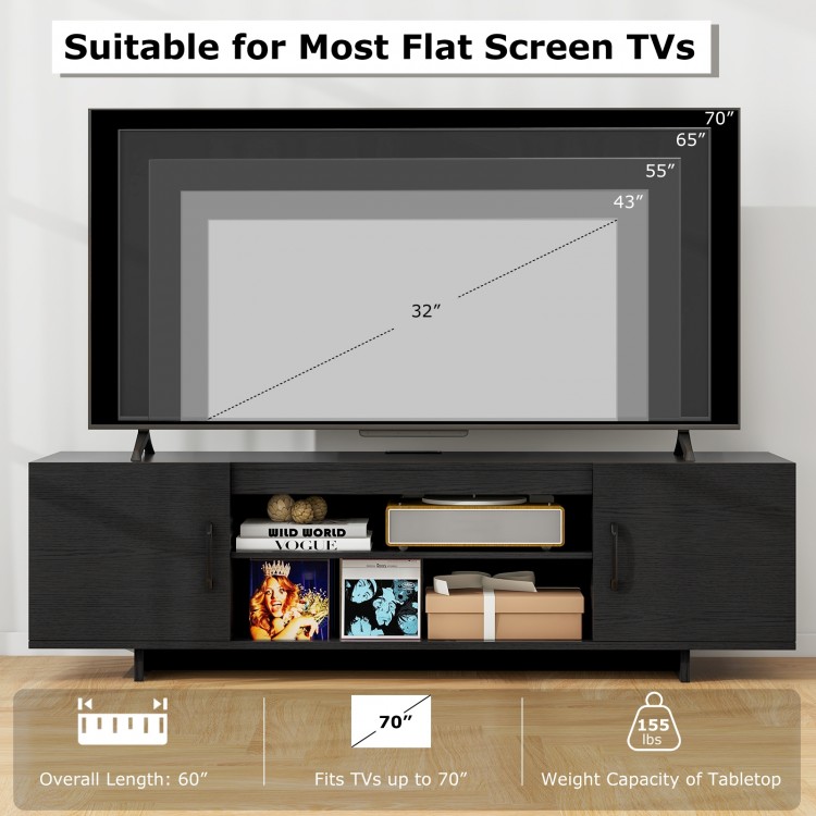 Black TV stand with 60" tabletop, built-in power outlet, and cable management for TVs up to 65 inches.