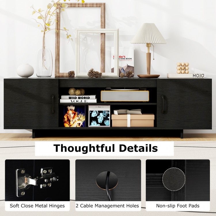 Black TV stand featuring soft close metal hinges, cable management holes, and non-slip foot pads for stability and.