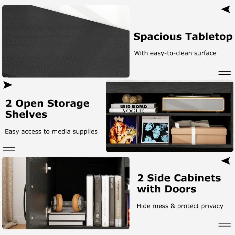 Black TV stand featuring a spacious tabletop, 2 open storage shelves, and 2 side cabinets for organized media storage.