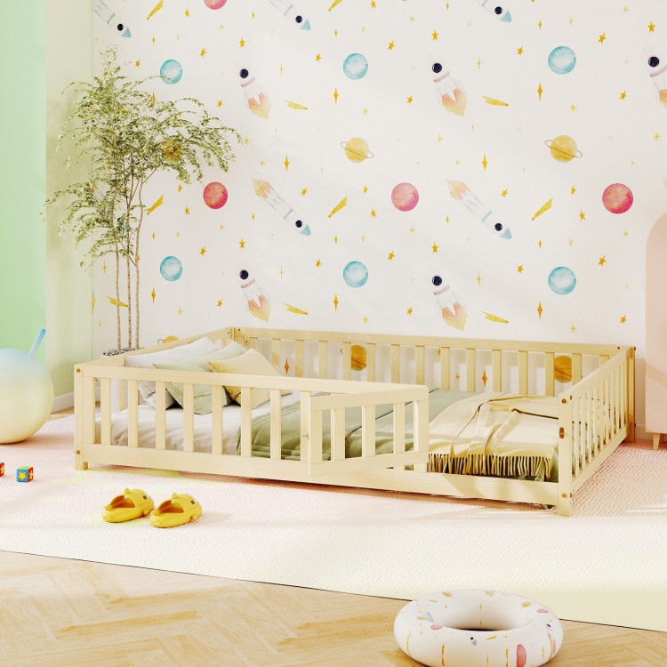 Montessori bed frame with full-length guardrails in natural wood, promoting independence and safety for children.