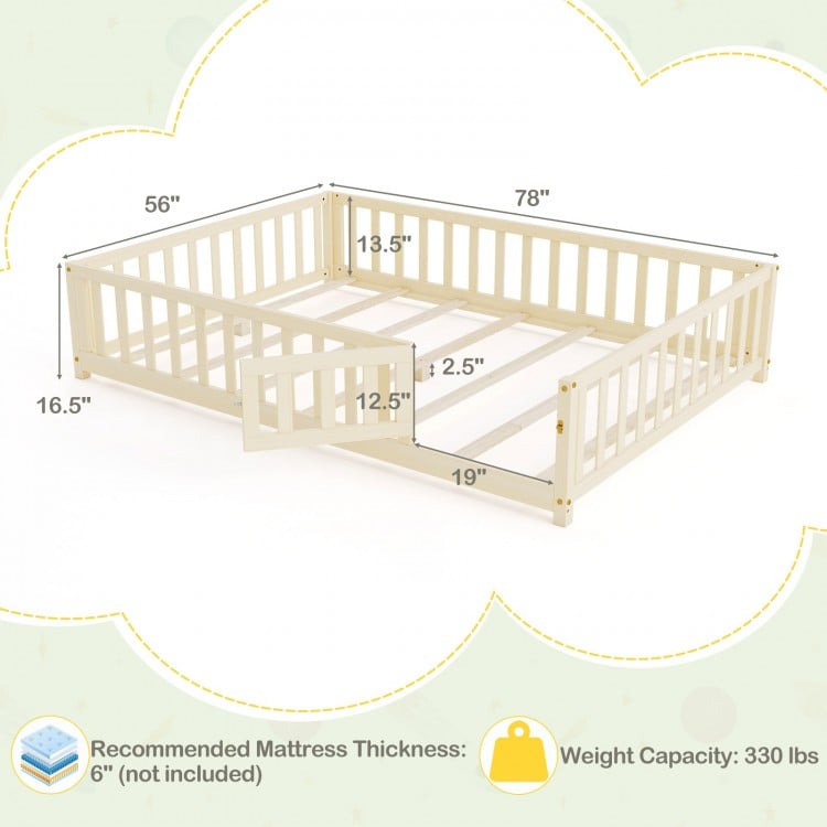 Montessori bed frame with full-length guardrails and safety door, crafted from solid wood for kids' independence and.
