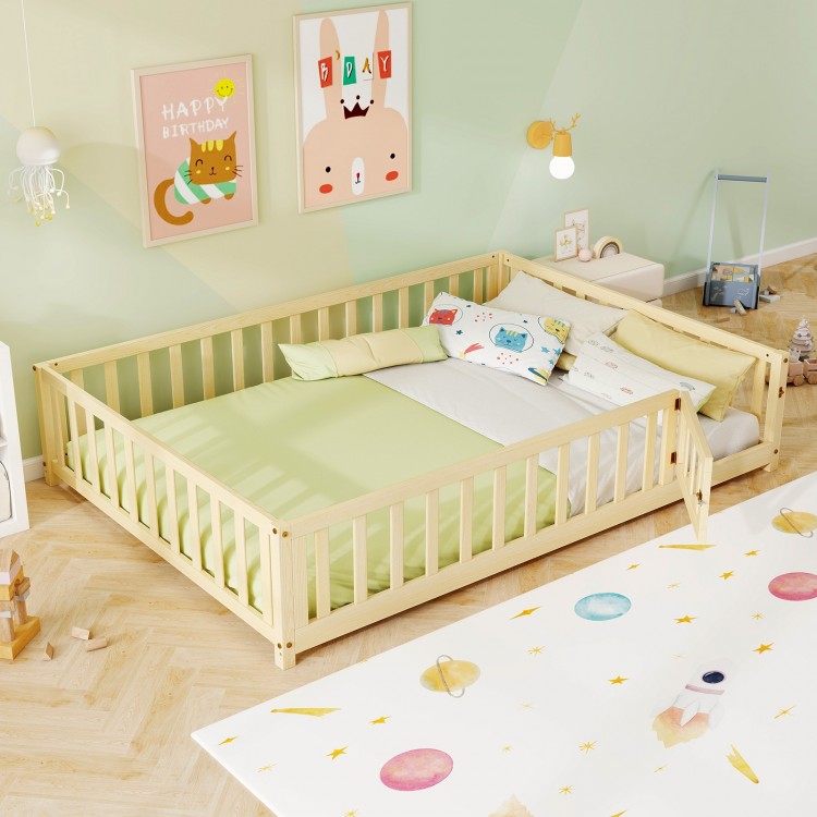 Montessori bed frame with full-length guardrails and safety door, crafted from natural solid wood for children's.