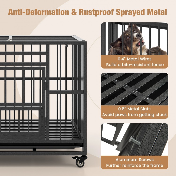 Foldable heavy-duty metal dog cage with 0.4" thickened metal tubes, featuring lockable doors and universal wheels for.