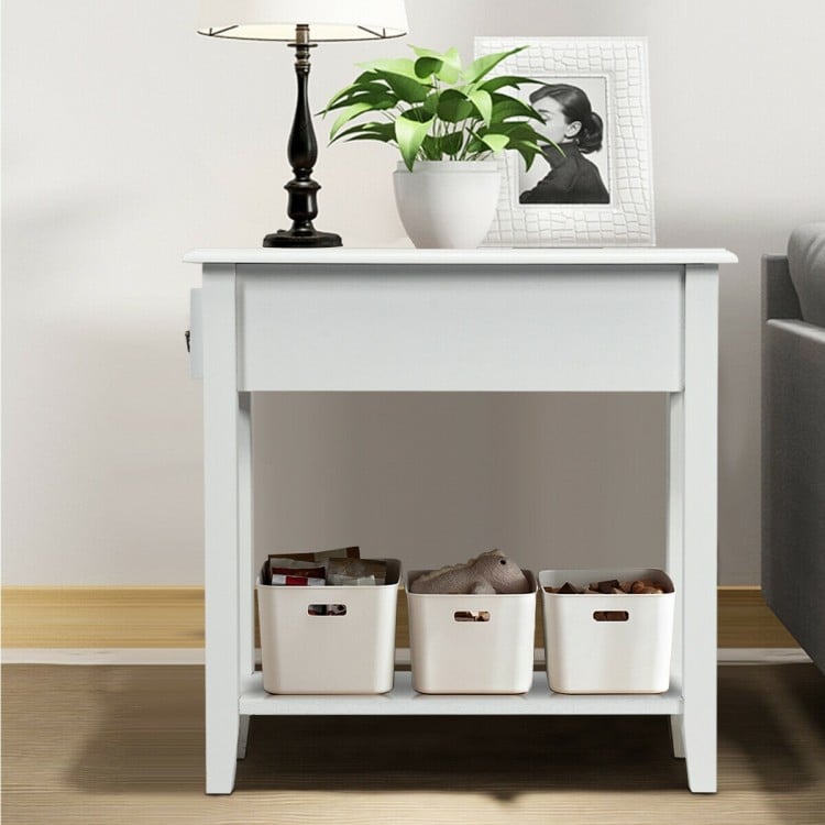 Narrow white 2-tier bedside table with drawer and lower shelf, made of durable P2 MDF and rubber wood, ideal for small.