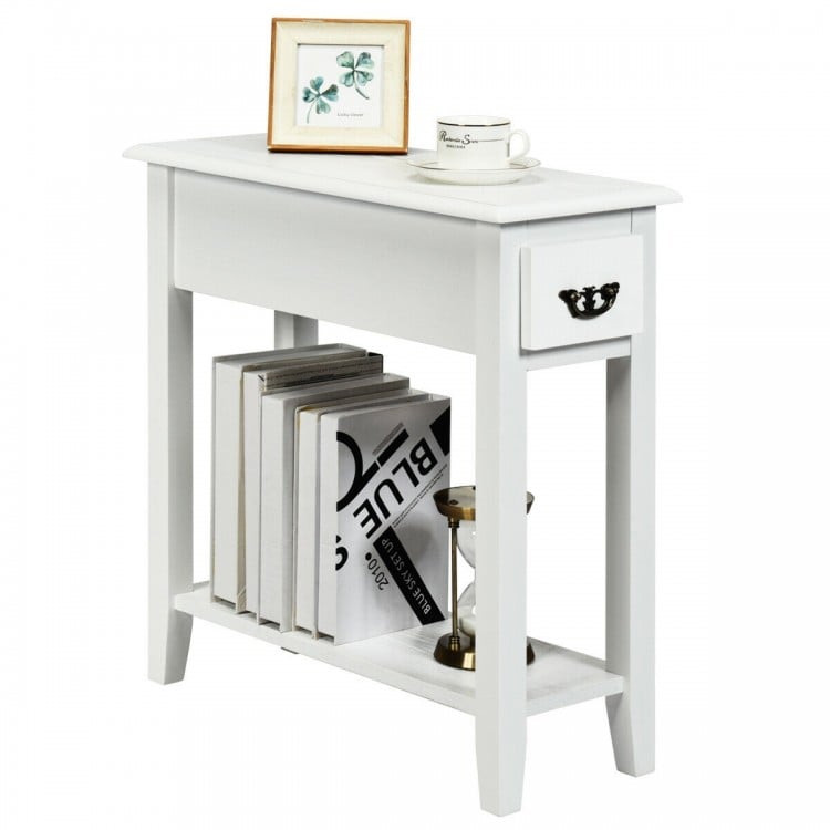 Narrow white 2-tier end table with drawer and lower shelf, made of P2 MDF and rubber wood, perfect for small spaces.