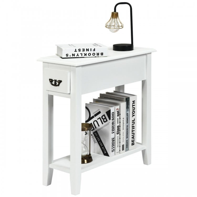 Narrow white 2-tier end table with drawer and shelf, made of P2 MDF and rubber wood, ideal for small spaces.