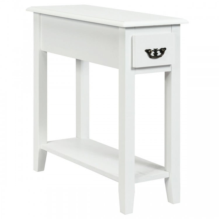 White narrow end table featuring a spacious top and elegant handle, perfect for use in bedrooms or living rooms.