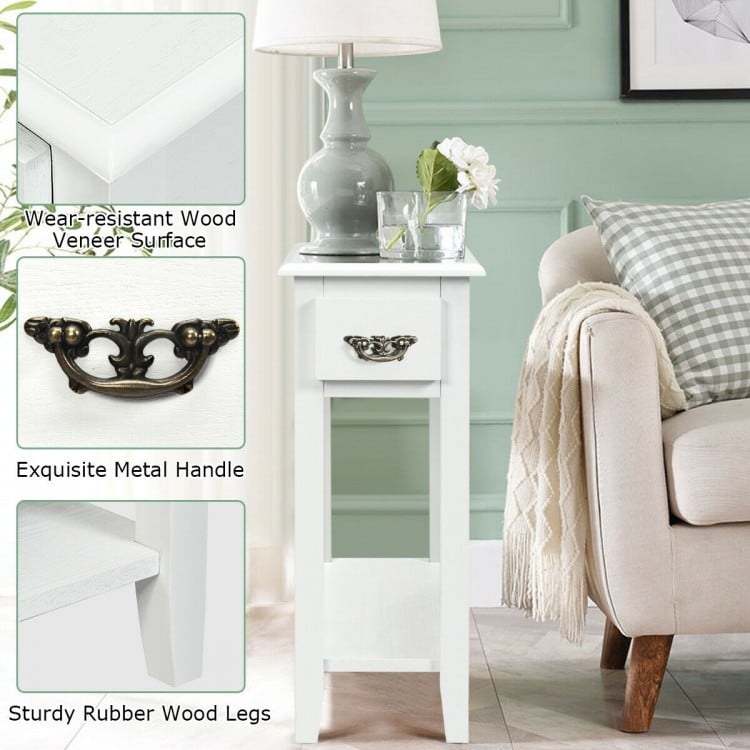 Narrow white 2-tier end table with rubber wood legs, drawer, and lower shelf for organized storage in small spaces.