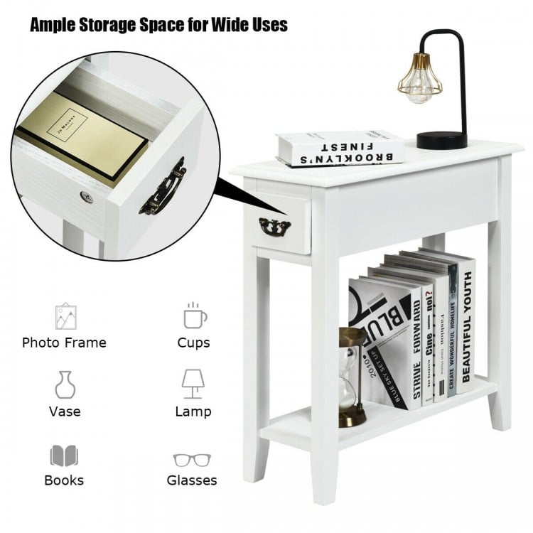 White 2-tier nightstand showcasing a spacious top and stylish handle, perfect for organizing items in limited spaces.