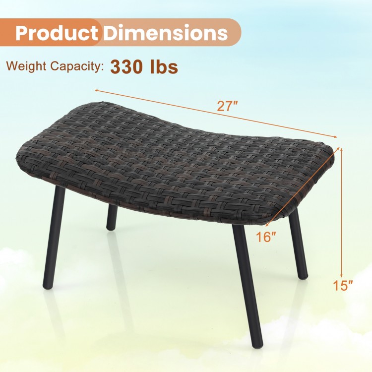 Brown outdoor ottoman footrest with sturdy metal legs, dimensions 27"x16"x15", supports up to 330 lbs for patio use.