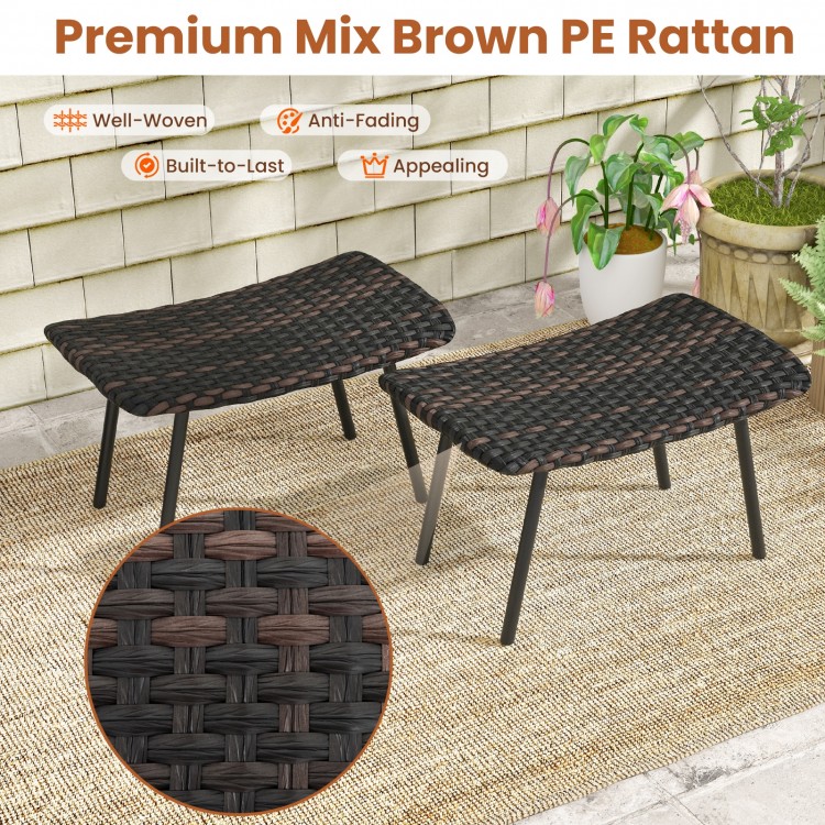 Brown PE rattan outdoor ottomans set with sturdy metal legs, perfect for patio and poolside relaxation.