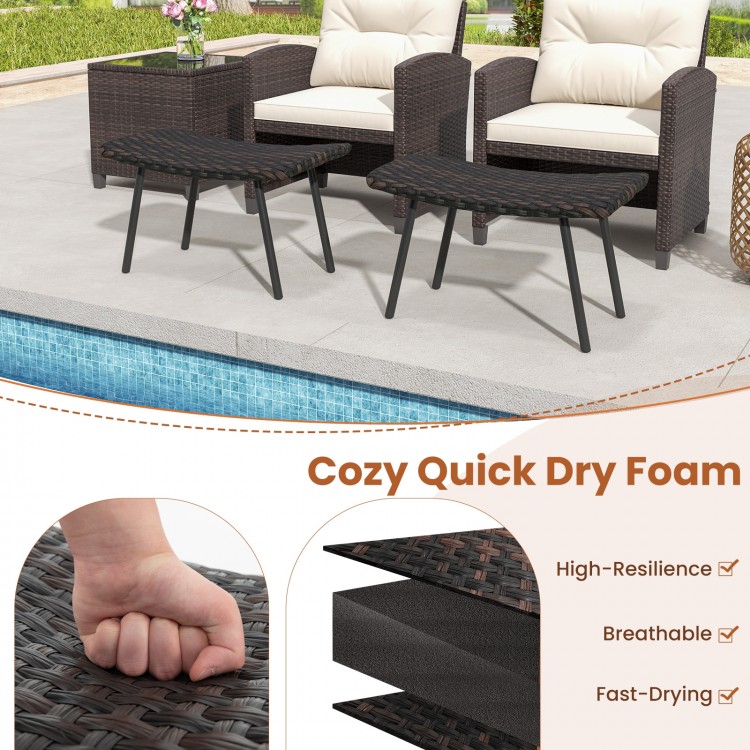 Set of two brown outdoor ottomans with sturdy metal legs, featuring quick dry foam for comfort, ideal for patio use.