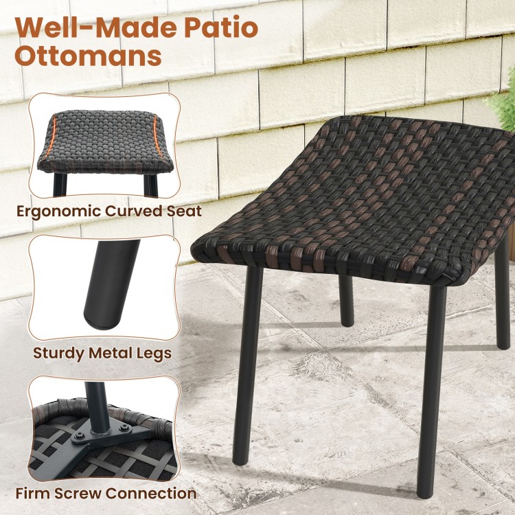 Brown outdoor ottoman with ergonomic curved seat and sturdy metal legs, perfect for patio and poolside relaxation.