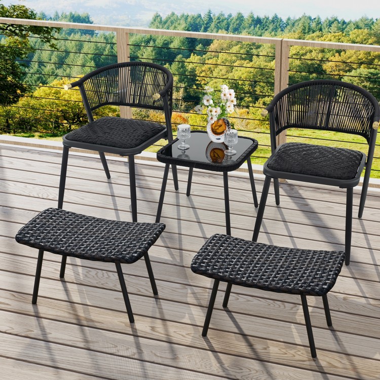 Set of brown outdoor ottomans with sturdy metal legs, perfect for patio or garden relaxation.