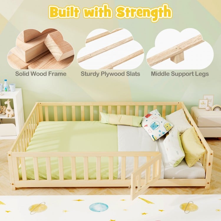 Montessori bed frame with full-length guardrails and safety door, crafted from solid wood for stability and safety.