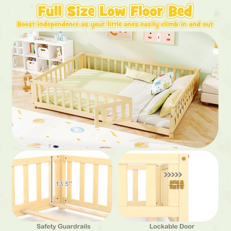 Montessori low floor bed frame with full-length guardrails and safety door, crafted from natural solid wood for kids'.