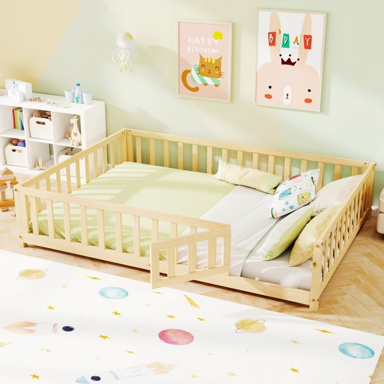 Montessori bed frame featuring a safety door and guardrails, designed for children's independence and secure sleeping.