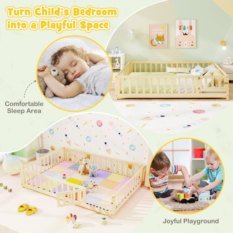 Montessori bed frame with full-length guardrails and safety door, perfect for a child's comfortable sleep area.