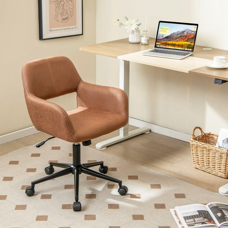 Brown Mid Century office chair with armrests, faux leather upholstery, and 360° swivel for home office comfort.