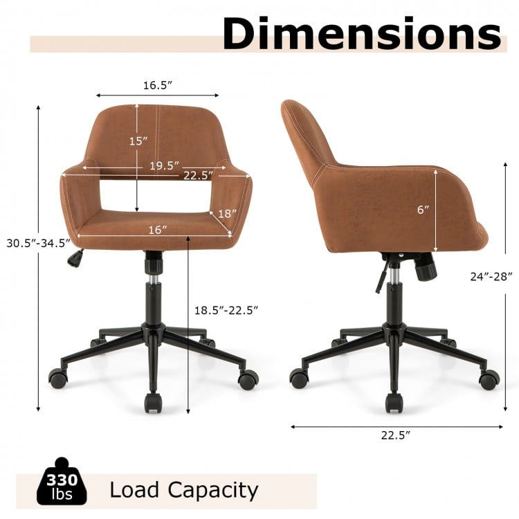 Mid Century office chair with armrests in brown, showcasing dimensions and features like 330 lbs load capacity and.