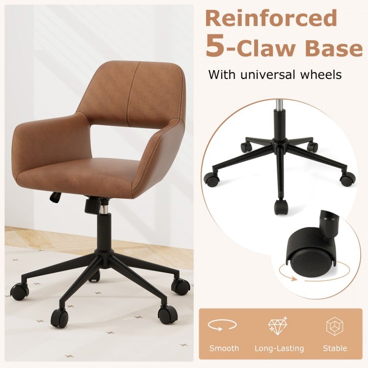 Mid Century office chair in brown faux leather with armrests, featuring a reinforced 5-claw base and smooth wheels for.