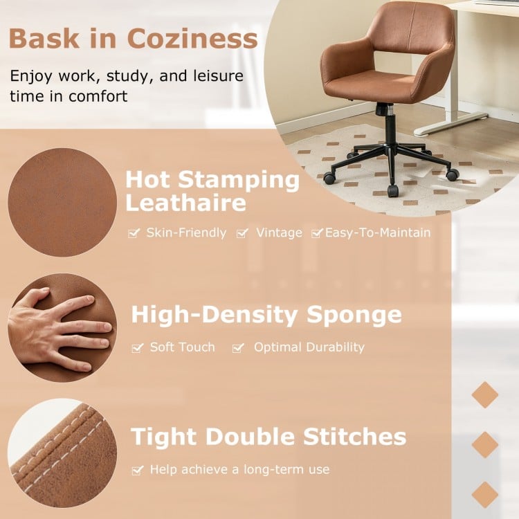 Mid Century office chair in brown faux leather with armrests, featuring high-density sponge and stylish design for.