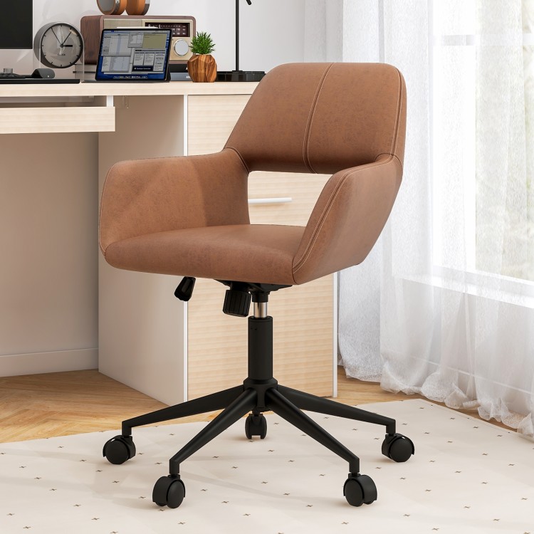 Mid Century office chair with brown faux leather, armrests, and 360° swivel for comfort in study or office use.
