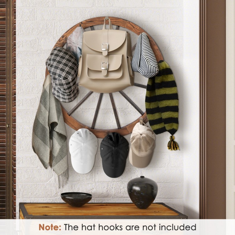 Decorative 30-inch wooden wagon wheel wall decor showcasing rustic style, natural wood grain, and sturdy construction.